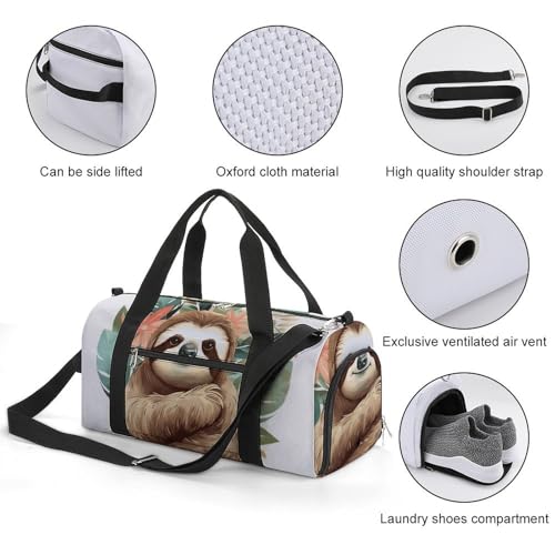 Gym Bag for Men Women Travel Duffle Bag Cute Sloth Leaves Carry On Weekender Bag with Shoe Compartment3