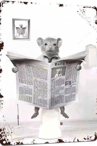 TopPacific Metal Tin Sign Vintage Mouse Toilet Reading Newspaper Humour Funny Animal Whimsy Animal for Home, Bathroom and Toilet Wall Decor 12x8(801B)