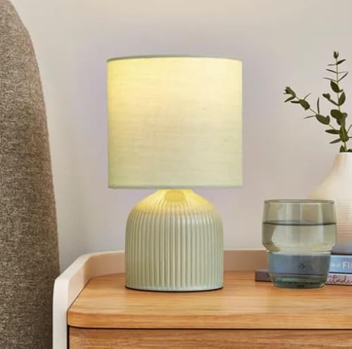 New Contemporary Design Ribbed Ceramic Table Lamp with Soft Fabric Shade in Line Switch in Trending Sage Green