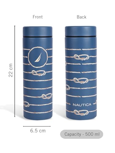 Image of NAUTICA Premium Leak-Proof Insulated Water Bottle - 1pc (Stern)| 500ml | Stainless Steel Flask with 24 Hours Temperature Retention | Ideal for Travel, Gym, Office Use Titanium Printed-Blue /Brown