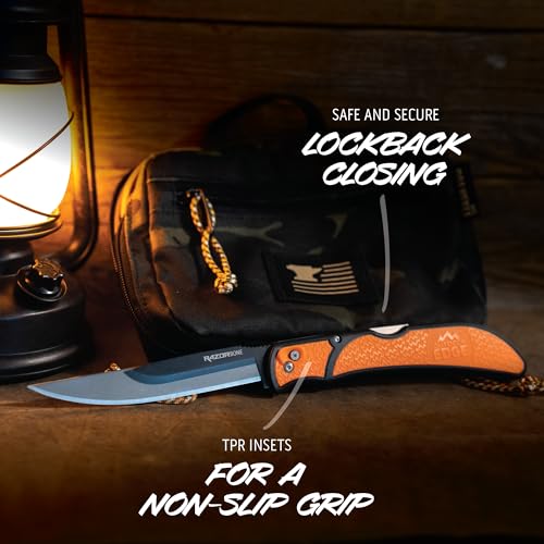 OUTDOOR EDGE RazorBone Replaceable Blade Folding Hunting Knife with Clip & Sheath, 3 Butcher Knife Blade Styles - Boning, Gutting, & Skinning Knives. Blaze Orange, Camo Sheath, 6 Blades & Blade Box