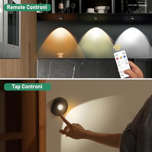 Image of UNUSROOM Rechargeable Puck Lights with Remote Control,2000mAh High Capacity Battery Operated LED Under Cabinet Lighting,Dimmable Tap Stick On& Wireless Closet Light for Kitchen Counter