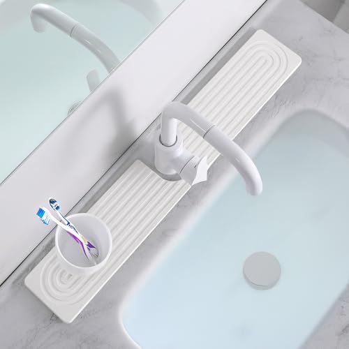 Comfoyar Alfombrilla De Piedra Para Fregadero De Cocina, Alfombrilla Grifo De Diatomita De Secado Rápido Y Protector De Fregadero Salpicaduras, Bandeja De Piedra Absorbente Para Baño, 60 10cm, Blanco