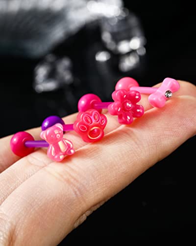 Cocharm 4Pcs 14G Plastic Hot Pink Tongue Rings For Women Flexible Bear Tongue Rings Cute Paw Tongue Barbell 14 Gauge Acrylic Flower Tongue Ring Set Bow Tongue Piercing Jewelry #TOP1