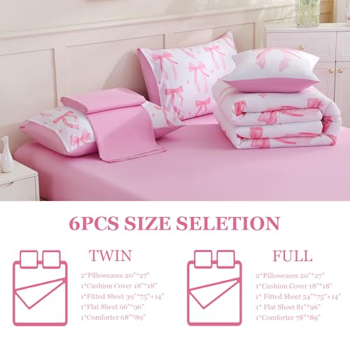 Image of DORCAS Bow Full Size Comforter Set for Girls,6 Pieces Bed in A Bag Pink Bow Bedding Sets with Sheets for Kids