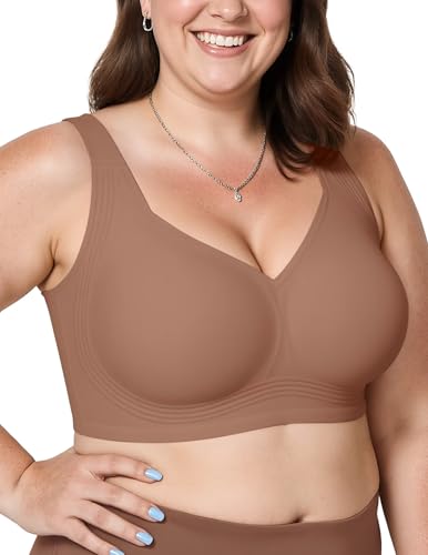 Vertvie Jelly Bras for Women Plus Size Minimizer Soft Wireless Push Up Bra Full Supportive Older Lift Back Coverage Bralette(Coffee,44DDD)