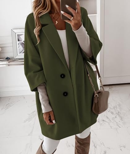 ECDAHICC Womens Fall Winter Wool Blend Pea Coat 3/4 Sleeve Notched Lapel Colla Single-Breasted Midi Outerwear2
