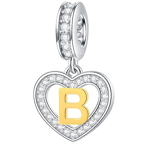 Image of GLOWDAS 18K Gold Plated Letter Charms Initial A to Z Necklace Pendant, 925 Sterling Silver CZ Heart Dangle Alphabet Beads fit European DIY Bracelet, Gifts for Valentiens /Christmas /Family