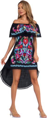 Image of YZXDORWJ Women's Mexican Asymmetrical Dress Embroidered Floral Off-Shoulder Cocktail Latina Fiesta Dress