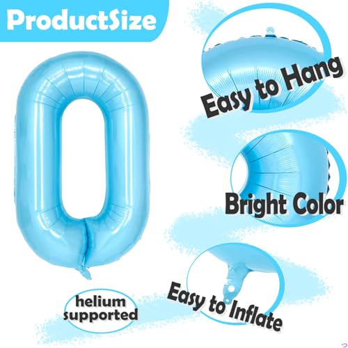 Image of Light Blue 0 Balloon Number Cute Kawaii Blue Birthday Decorations for Girls Women, Bow Balloons Foil Mylar Large 40 inch 0 Balloon for Girls Bow Coquette 0 Birthday Party Decorations Supplies