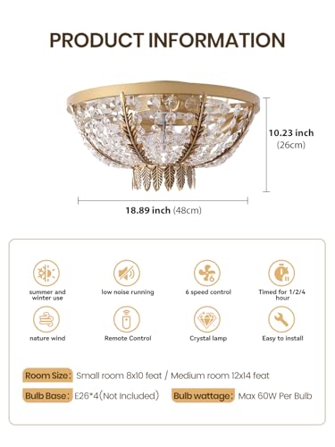 Image of 20 inch Gold Crystal Fandelier Ceiling Fan with Light, Crystal Flush Mount Ceiling Fan with Light Remote Control,Mid-Century Caged Crystal with 6 Speed for Bedroom, Nursery, Living Room