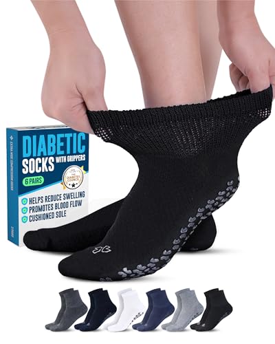 Doctors Select Grip Diabetic Socks for Women & Men - 6 Pairs | Black White Pink Green Red Purple | Non Slip Socks for Elderly | Non Binding Traction Control Non-Slip