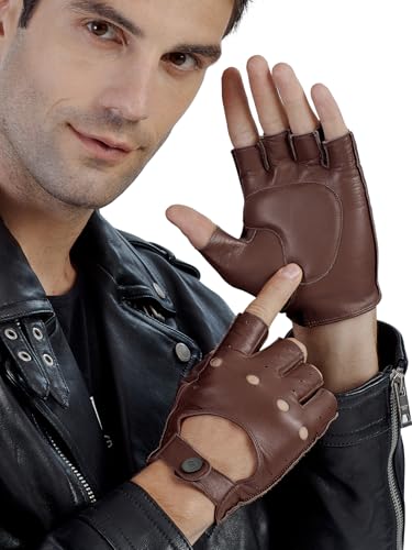 Image of GSG Men's Fingerless Leather Driving Gloves, Half Finger, lambskin | Half Finger Design, Breathable Comfort,Driving, Motorcycle Riding, Racing, Cycling, Daily Wear