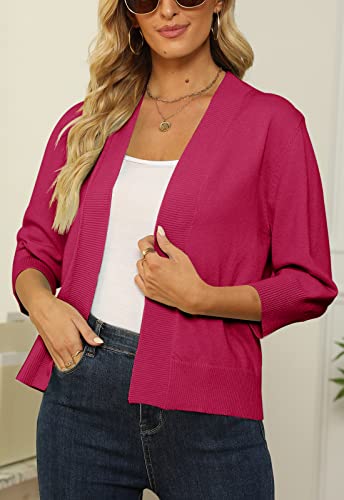 Image of Women's 3 /4 Sleeve Cropped Cardigan Sweater Open Front Short Shrugs Cardigans Lightweight Sweaters