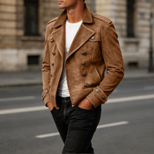 fartey Suede Jacket Men Double Breasted Collared Button Up Vintage Cardigan - image 3
