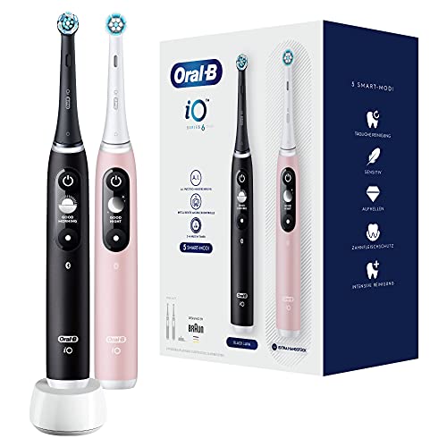 Oral-B iO Series 6 Elektrische Zahnbürste/Electric Toothbrush, Doppelpack mit 2 Aufsteckbürsten, 5 Putzmodi für Zahnpflege, Magnet-Technologie, Display, Geschenk für Sie/Ihn, black lava/pink sand