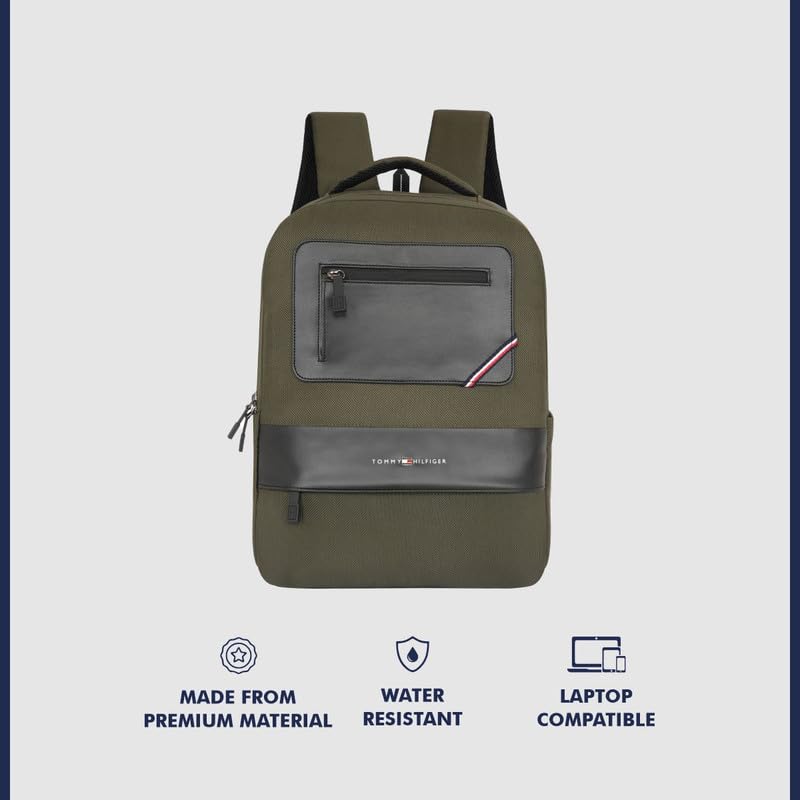 Image of Tommy Hilfiger Unisex Backpack Blackburn - Olive+Black | Water-Resistant | Padded Laptop Sleeve | Trolley Holder | Stylish & Trendy Backpack For Daily Use, Office, Work & Travel | 20L Capacity