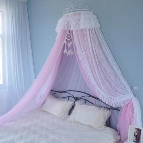 GJMSSMY Dosel de Encaje para Cama, Cortina de Cama de Princesa con Corona metálica de Pared, mosquitera Decorativa para Patio, Dosel de Doble Capa para rincón de Lectura en el Dormitorio.
