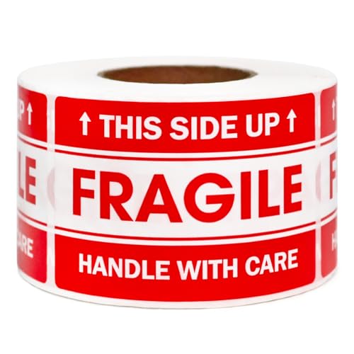 L LIKED 5 x 7.6cm Fragile/壊れ物注意シール 配送・引っ越し用 1ロール500枚 強力粘着 (取扱注意、天地無用)の商品画像（Amazon）