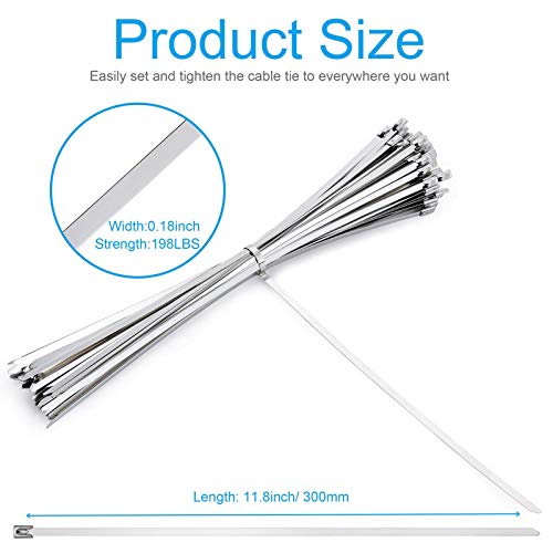 Tevado 100Pcs Metal Cable Zip Ties Heavy Duty 11.8 Inch, Premium Stainless Steel Zip Ties Exhaust Wrap With 198Lbs Tensile Strength, Multi-Purpose Self-Locking Metal Wrap Ties For Indoor And Outdoor #TOP3