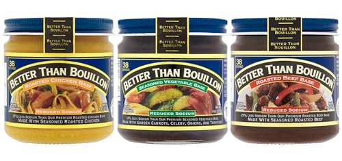 Better Than Bouillon Brand Reduced Sodium Assortment Pack with 1 Chicken Base, 1 Beef Base and 1 Vegetable Base, 8 oz Jars (Pack of 3)