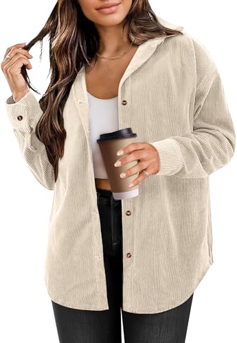 AKEFUN Womens Corduroy Button Down Shirts Long Sleeve Oversized Boyfriend Casual Blouses Tops Beige L
