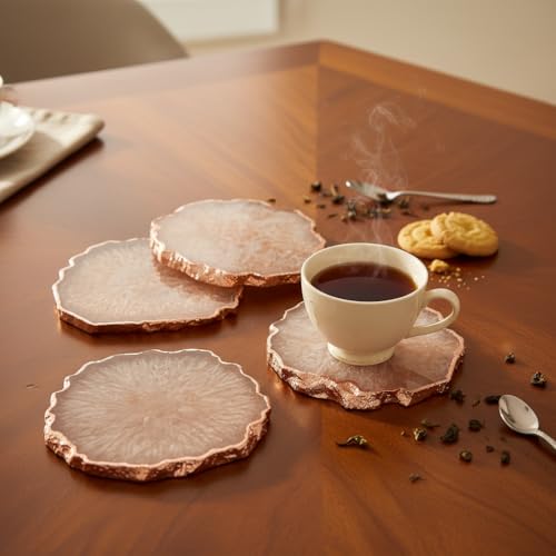 Image of Natural Agate Stone Tea Coasters Set | Premium Stone Coasters for Tea, Coffee & Glass | Heat Resistant Coasters for Dining Table, Office Desk & Home Decor | Pack of 4 | Color -Brown