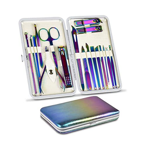 HSOYGE Kit de manicura y pedicura de 18 Piezas, Herramientas Profesionales para el Cuidado del Cabello, Lima de uñas y cortaúñas con Juego de Cuero