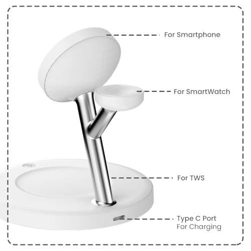 Image of Toreto Mag Swift Magnetic Fast Charging Station with 30w Adapter with C to C Cable for Magsafe Devices, Wireless Charger, for iPhone 16 /15 /14 /13 /12, Apple Watch & AirPods (White)