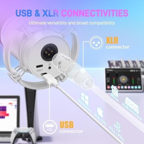 Image of MAONO XLR /USB Dynamic Microphone, RGB Gaming Mic with Software, Mute, Gain Knob, Volume Control and Headphone Jack for Streaming, Podcasting, Recording-PD200X (White)