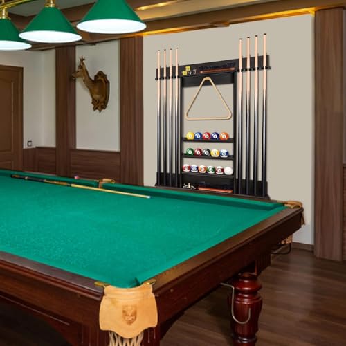 Pool Cue Rack, Bamboo Wall Mount Pool Sticks Holder, Holds 8 Cues and Full Set of Balls, Pool Table Accessories Organizer for Billiard Room or Club - Dark Brown - Image 7