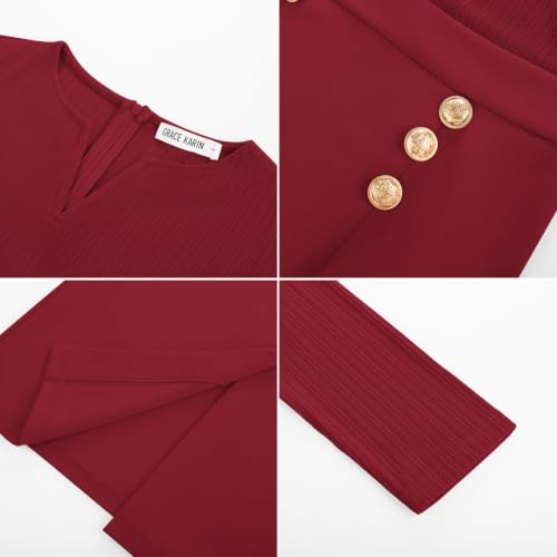 Image of GRACE KARIN Women's 2026 Fall Long Sleeve Work Midi Dress | Bodycon, Business Casual, Office Sheath, Church, Henley V Neck, Metal Button, Elegant, Ribbed Knit, Formal, Stretchy