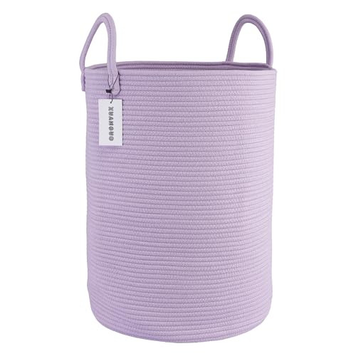 Image of XUANGUO Cotton Rope Laundry Basket Hamper for Clothes Woven Storage Basket for Living Room Bedroom Boho Tall Rope Baskets for Blanket Toys Pillow Towels Baby Nursery Hamper Bin Large purple
