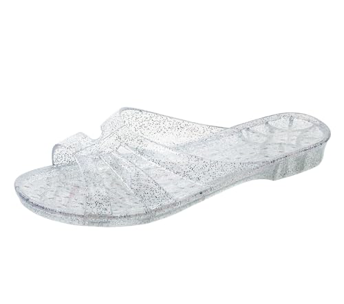 Image of Womens Jelly Shoes, White Jellies Sandals Glitter Clear Flats Slip On Summer Beach Slippers Transparent Closed Toe Soft Slide