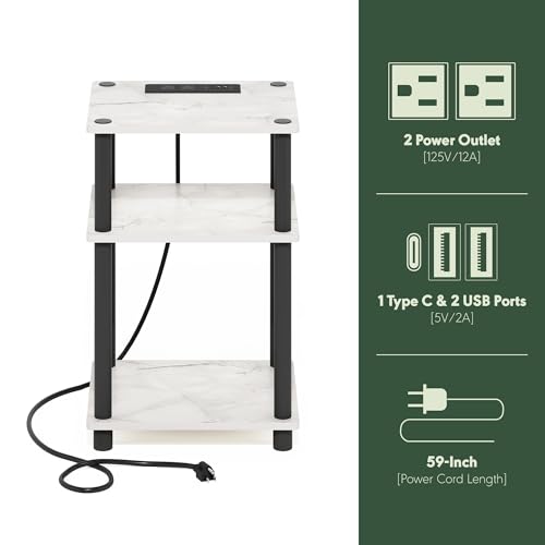 Image of Furinno Just 3-Tier Turn-N-Tube USB and Type-C Charging Port End Table with Open Storage, Marble White /Black, Set of 2