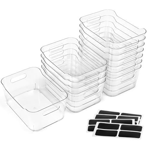 12 PACK Multi-Use Clear Plastic Storage Bins for Organizing w/ Labels – Home, Kitchen, Bathroom, Office, Pantry Cabinet Shelf Organizer Bins – SOHO Collection, RV, Fridge Organization Containers
