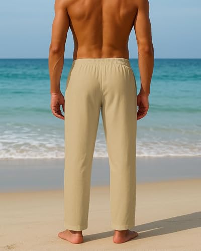 Image of PIDOGYM Mens Cotton Linen Pants Beach Casual Pajama Pants with Pockets | Elastic Waist Drawstring, Lightweight, Wide Leg Loose Design, Vacation Summer Outfits, Baggy Dress Trousers, Yoga for Women