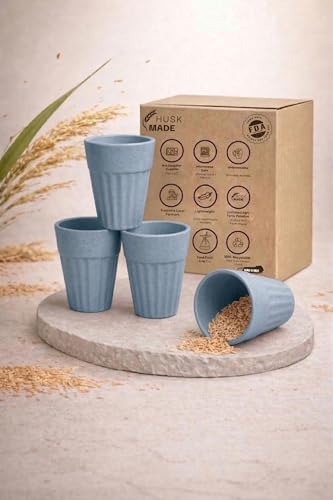 Image of HuskMade Eco-Friendly Tea Cup Set of 4 | Kulhad Style Coffee & Tea Mugs | 140 ml Unbreakable, Stain-Free, Heat Resistant, Reusable, Microwave Safe | Rice Husk & Bamboo Fibre Material | Light Blue