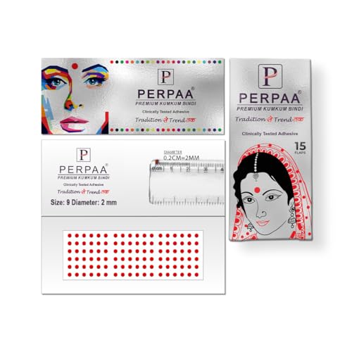 Image of PERPAA Premium Velvet Sticker Kumkum Bindi Box of 15 Flaps - Pottu for Women,Ladies, Girls (Size 9, Diameter 2mm, Red)
