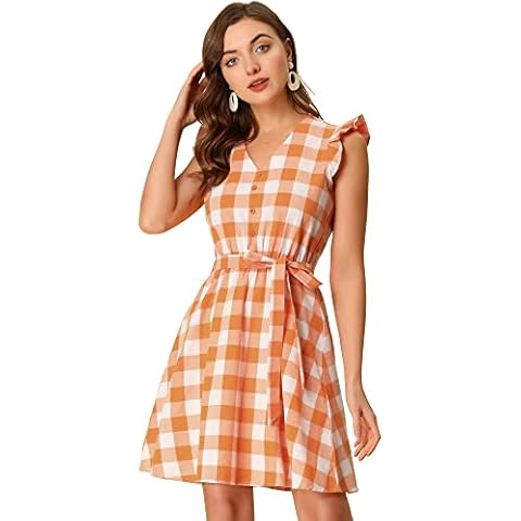 Allegra K Vestido de Cuadros Vintage con cinturón y línea A Naranja Cover