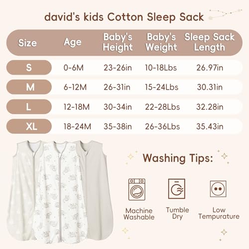 Image of david's kids 3 Pack 100% Organic Cotton Baby Sleep Sack 6-12 Months, Ultra Soft Baby Wearable Blankets with 2-Way Zipper, Comfy Sleep Sack for Newborn Boys Girls Neutral, Medium Size, Elephant