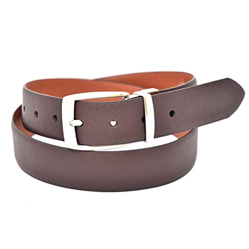 Mens Belt Vegan Leather Reversible Dress Belt, NYBC Taylor 35mm Width, Brown/Tan, Small