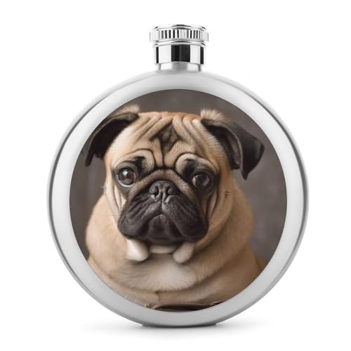 Stainless Steel Wine Bottle Liquor Container Animal Pug Dog Print Leak Proof Hip Flask Durable for Camping Hiking Travel Festivals
