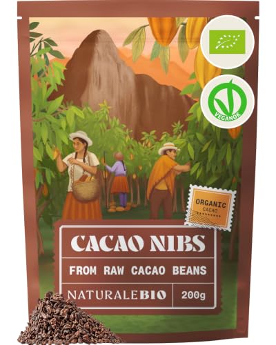 NaturaleBio Organic Raw Cacao Nibs 200g. Natural and Pure. Made in Tropical Regions from The Theobroma Cacao Plant. Source of Magnesium Potassium and Iron.