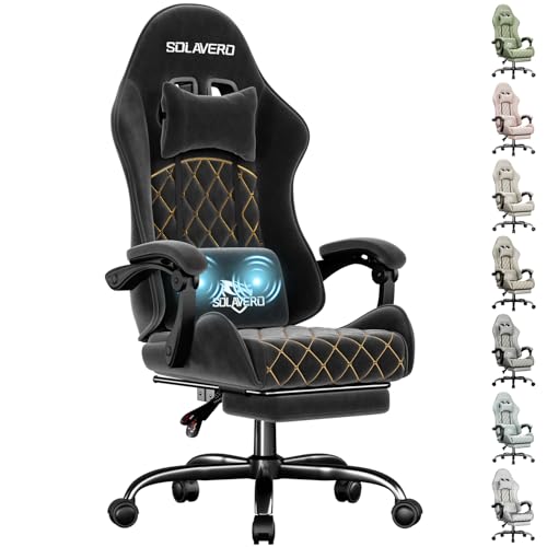 SOLAVERO Chaise Gaming en Tissu Suédine, Fauteuil Gamer Ergonomique avec Support Lombaire Massante, Siège de Bureau avec Repose-Pieds Télescopique, Charge...