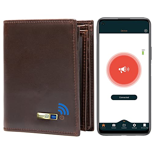 Bluetooth Tracker Wallet GPS Record Genuine Leather Men Wallets Credit card (Coffee-1)