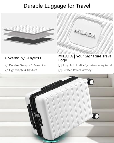 Image of MILADA 24 Inch Expandable Hardside Checked Luggage with Dual 360 Spinner Wheels, Medium Travel Suitcase with TSA Lock, Airline-Approved, Lightweight Durable PC Shell for Travel, White