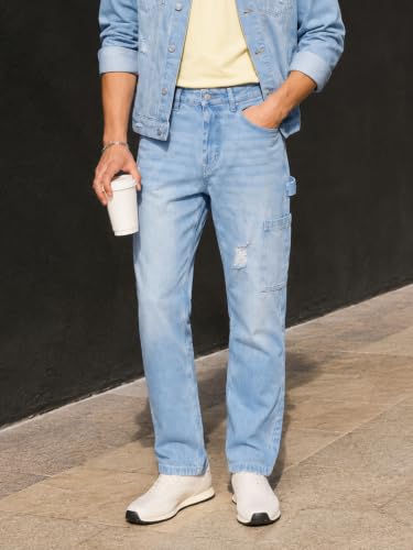 Image of The Indian Garage Co Men Carpenter Fit Solid Mid-Rise Cargo Denim