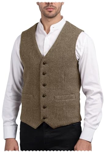 Men's V-Neck Herringbone Suit Vest Single Breasted Casual Tweed Blended Waistcoat4