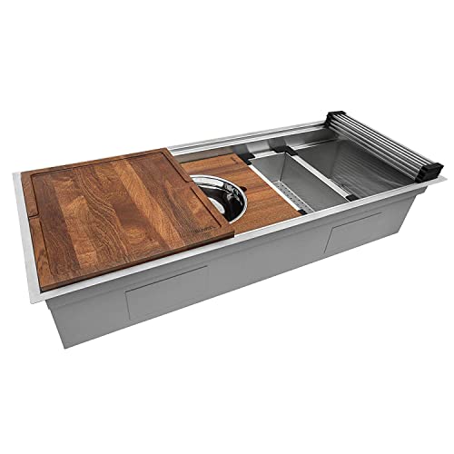 Image of Ruvati 57-inch Undermount Workstation Kitchen Sink - 16 Gauge Stainless Steel Single Bowl with Ledges & Accessories - RVH8555